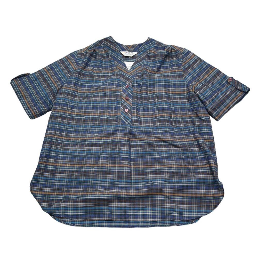 MLM Label Shirt Womens Multicolor Short Sleeve Vneck Button Plaid Blouse